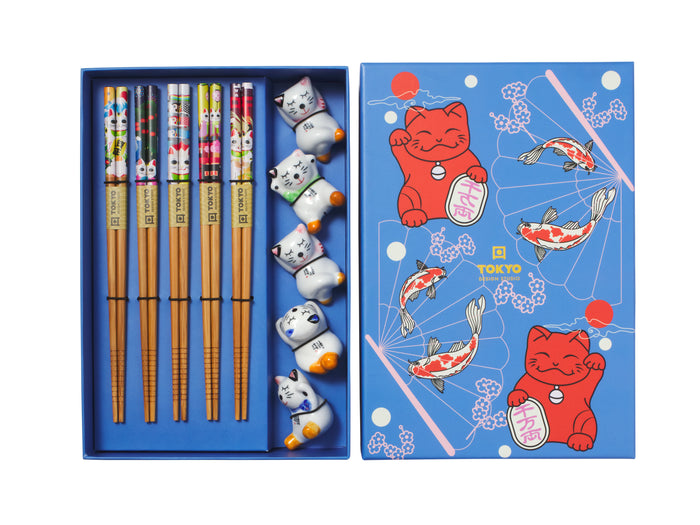 Tokyo Design Chopstick Lucky Cat Chopsticks with Rest Hanami 10pc Gift Boxed Assorted