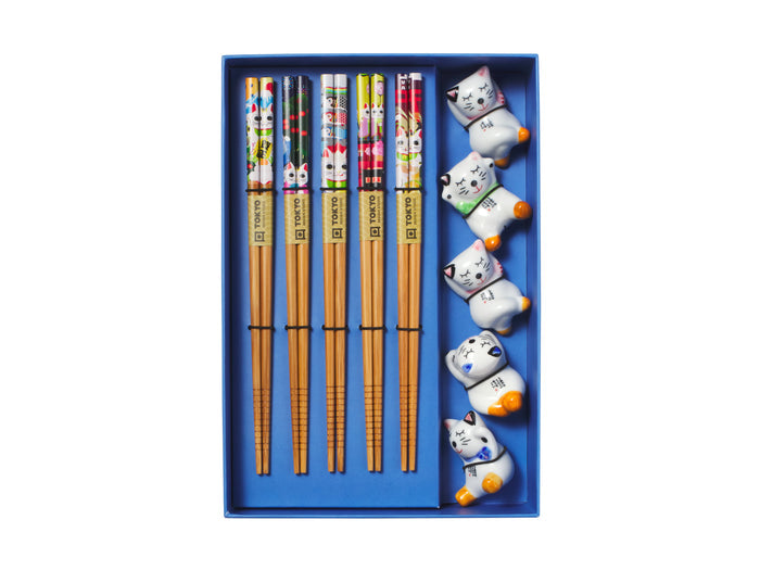 Tokyo Design Chopstick Lucky Cat Chopsticks with Rest Hanami 10pc Gift Boxed Assorted