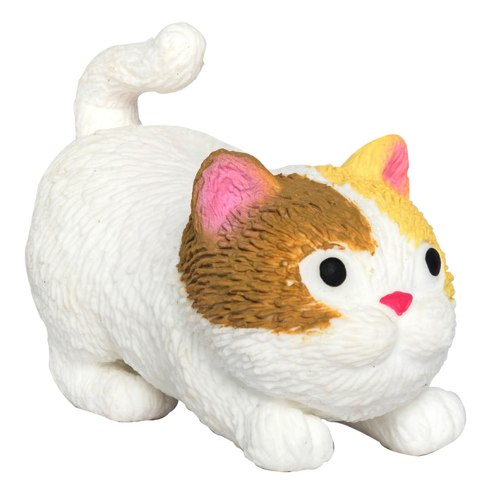 The Toysmith Barnyard Cats figurine by Toysmith features a small, round, white and brown cat with pink ears and nose, black eyes, and a curled tail in a playful crouch—ideal for imaginative play and cat lovers.