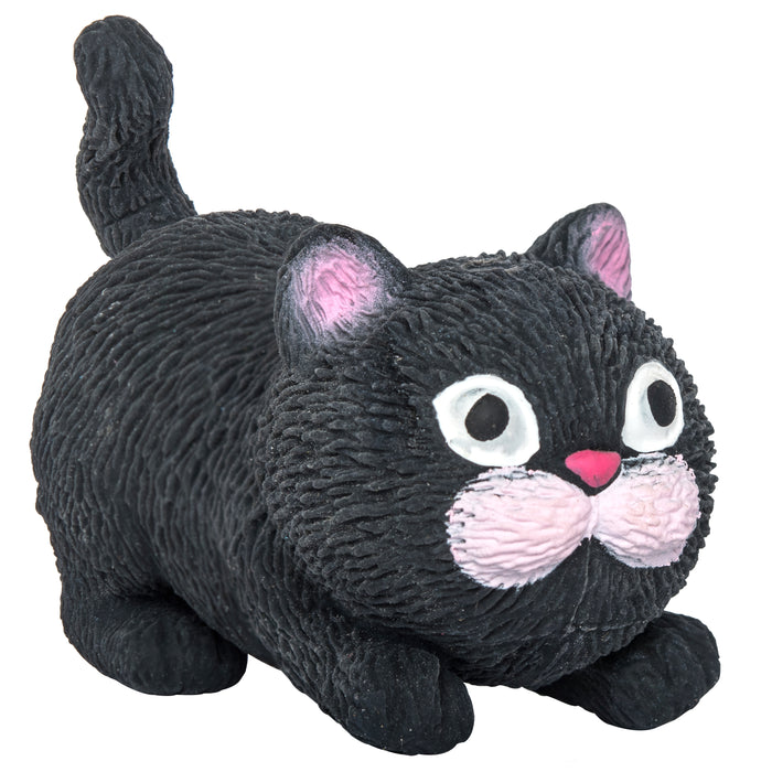 The Toysmith Barnyard Cats by Toysmith features a small, black cartoon-style cat figurine with large eyes, pink ears and nose, light pink cheeks, textured fur, and an upright tail—ideal for imaginative play or feline figure collections.