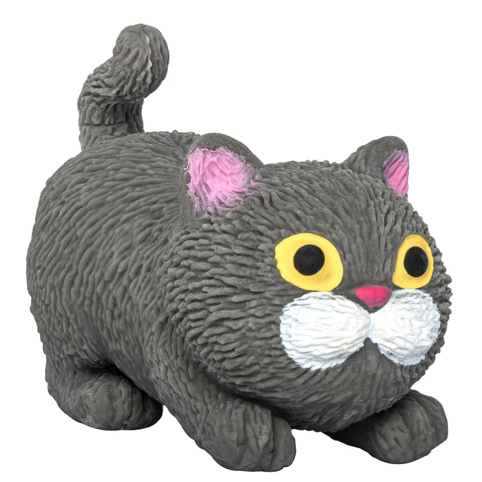 The Toysmith Barnyard Cats figurine features a gray, textured cat with yellow eyes, pink ears, a white snout, and a curled tail in a playful crouch—ideal for imaginative play or as a collectible for cat lovers.